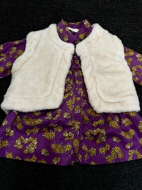 Cream Faux-Fur Vest with Purple Floral Dress - Kids Casual Set